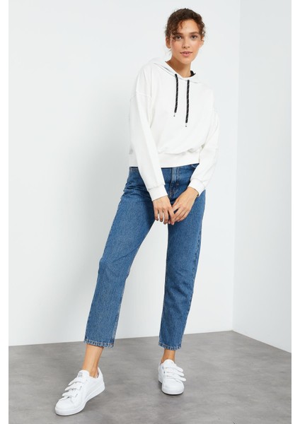 Ekru Uzun Kol Rahat Form Kapüşonlu Kadın Sweatshirt - 97115 indirimleri