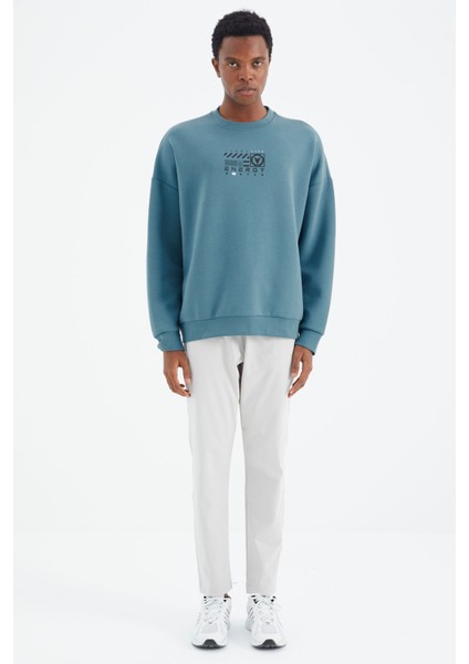Orman Yeşili O Yaka Baskı Detaylı Rahat Kalıp Erkek Sweatshirt - 88284 fırsatları