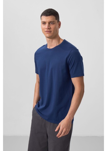 Tommy Life İndigo Erkek Basic Kısa Kol Standart Kalıp O Yaka T-Shirt - 87911 fırsatları