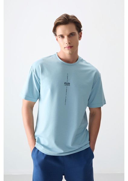 Açık Mavi Pamuklu Kalın Yumuşak Dokulu Oversize Fit Baskılı Erkek T-Shirt - 88373