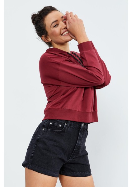 Bordo Uzun Kol Rahat Form Kapüşonlu Kadın Sweatshirt - 97115
