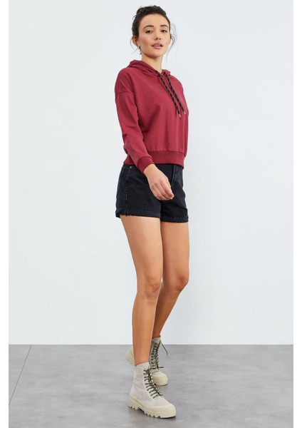 Bordo Uzun Kol Rahat Form Kapüşonlu Kadın Sweatshirt - 97115 fiyatları