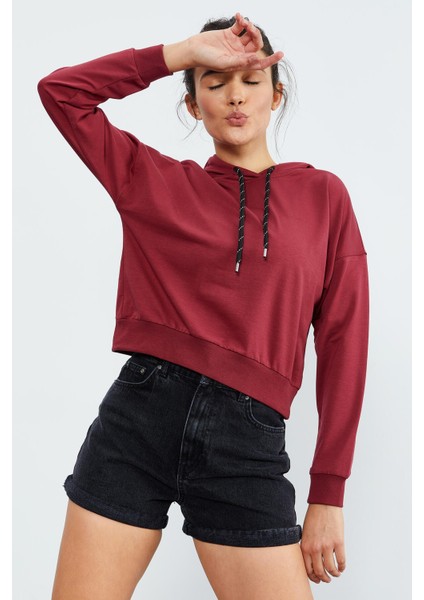 Bordo Uzun Kol Rahat Form Kapüşonlu Kadın Sweatshirt - 97115 modelleri