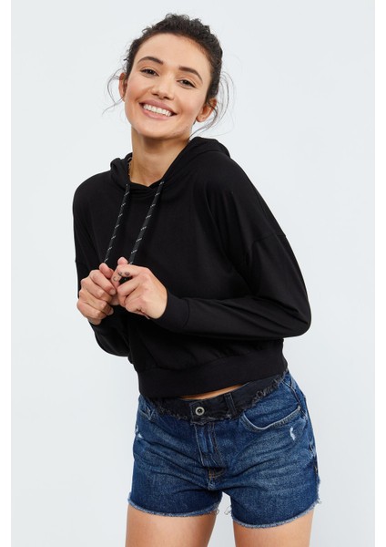 Siyah Uzun Kol Rahat Form Kapüşonlu Kadın Sweatshirt - 97115 modelleri