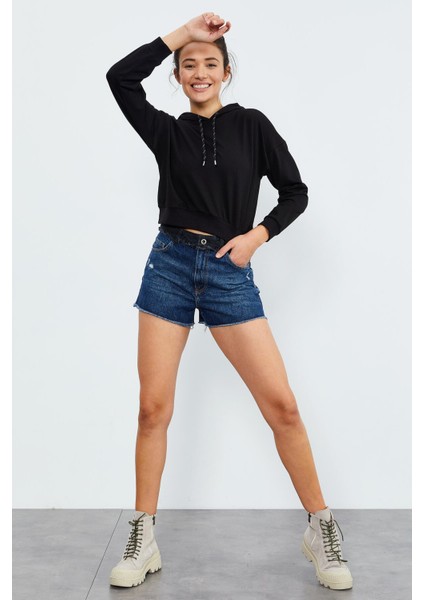 Siyah Uzun Kol Rahat Form Kapüşonlu Kadın Sweatshirt - 97115 fırsatları