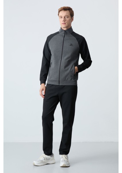 Antrasit - Siyah Dik Yaka Çift Renk Rahat Form Klasik Paça Erkek Eşofman Takımı - 85113