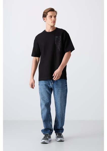 Tommy Life Siyah Pamuklu Kalın Yüzeyi Dokulu Oversize Fit Baskılı Erkek T-Shirt - 88338 fiyatları