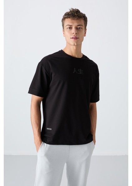 Siyah Pamuklu Kalın Yumuşak Dokulu Oversize Fit Baskılı Erkek T-Shirt - 88342