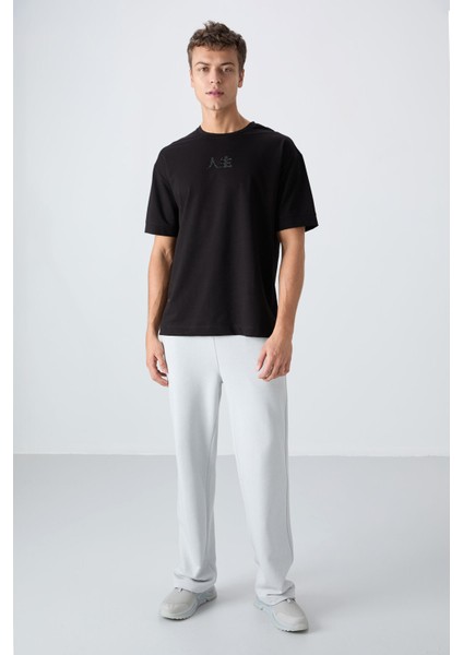 Siyah Pamuklu Kalın Yumuşak Dokulu Oversize Fit Baskılı Erkek T-Shirt - 88342 fiyatları