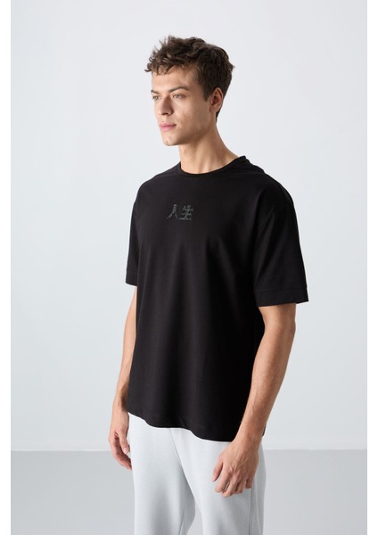Siyah Pamuklu Kalın Yumuşak Dokulu Oversize Fit Baskılı Erkek T-Shirt - 88342 fırsatları