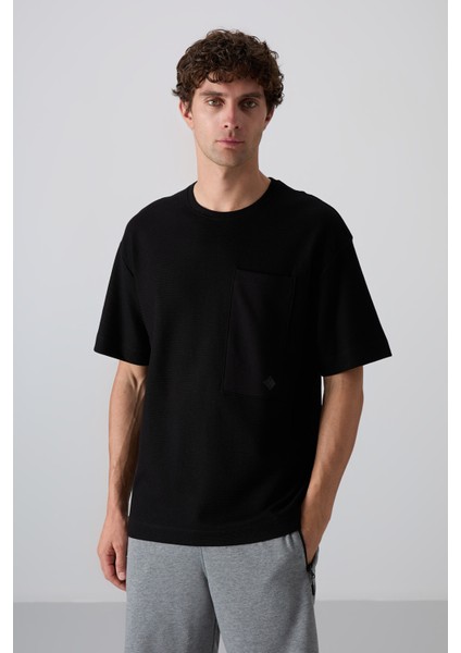 Tommy Life Siyah Pamuklu Kalın Yüzeyi Dokulu Oversize Fit Basic Erkek T-Shirt - 88341