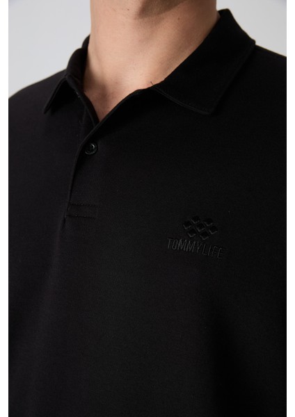 Tommy Life Siyah Pamuklu Kalın Yumuşak Dokulu Oversize Fit Basic Polo Yaka Erkek T-Shirt - 88327 modelleri