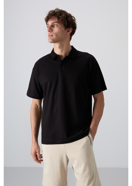 Tommy Life Siyah Pamuklu Kalın Yumuşak Dokulu Oversize Fit Basic Polo Yaka Erkek T-Shirt - 88327 fırsatları
