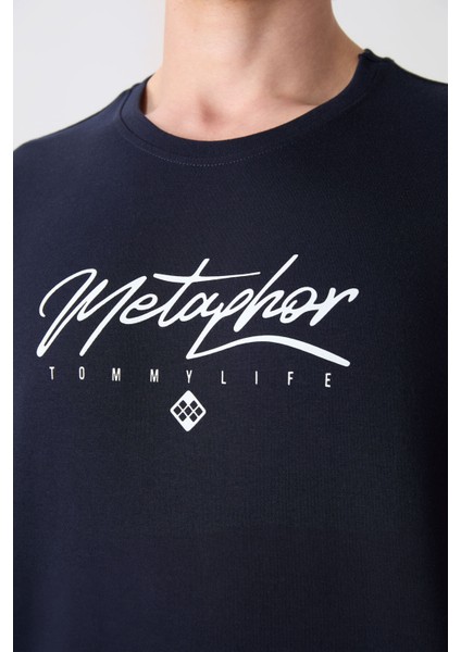 Lacivert Pamuklu Kalın Yumuşak Dokulu Oversize Fit Baskılı Erkek T-Shirt - 88320 modelleri