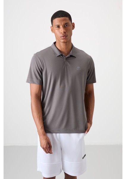 Koyu Gri Logo Baskılı Standart Kalıp Polo Yaka Aktif Spor Erkek T-Shirt - 88252