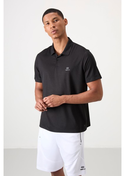 Siyah Logo Baskılı Standart Kalıp Polo Yaka Aktif Spor Erkek T-Shirt - 88252