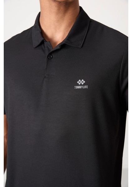 Siyah Logo Baskılı Standart Kalıp Polo Yaka Aktif Spor Erkek T-Shirt - 88252 modelleri