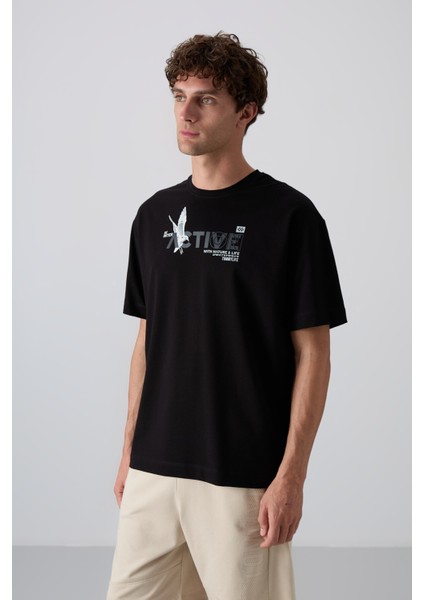 Tommy Life Siyah Pamuklu Kalın Yumuşak Dokulu Oversize Fit Baskılı Erkek T-Shirt - 88344 modelleri