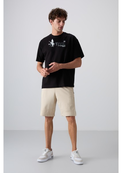 Tommy Life Siyah Pamuklu Kalın Yumuşak Dokulu Oversize Fit Baskılı Erkek T-Shirt - 88344 fırsatları
