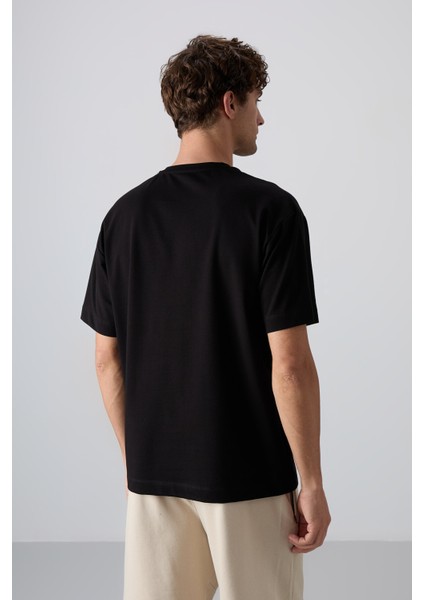 Tommy Life Siyah Pamuklu Kalın Yumuşak Dokulu Oversize Fit Baskılı Erkek T-Shirt - 88344 indirimleri