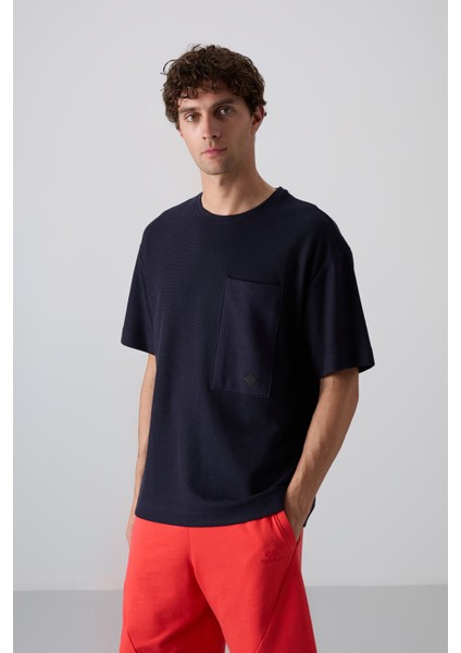 Lacivert Pamuklu Kalın Yüzeyi Dokulu Oversize Fit Basic Erkek T-Shirt - 88341