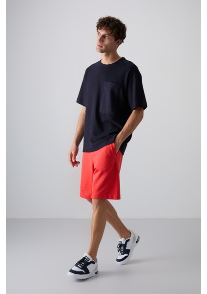 Lacivert Pamuklu Kalın Yüzeyi Dokulu Oversize Fit Basic Erkek T-Shirt - 88341 fırsatları