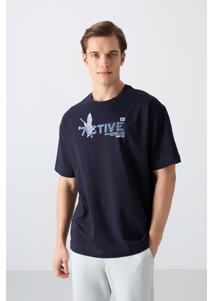 Lacivert Pamuklu Kalın Yumuşak Dokulu Oversize Fit Baskılı Erkek T-Shirt - 88344