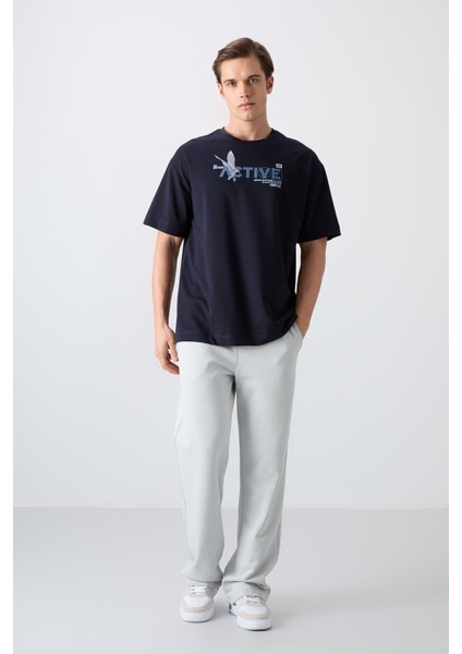 Lacivert Pamuklu Kalın Yumuşak Dokulu Oversize Fit Baskılı Erkek T-Shirt - 88344 fiyatları