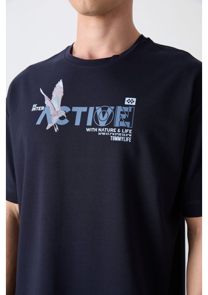 Lacivert Pamuklu Kalın Yumuşak Dokulu Oversize Fit Baskılı Erkek T-Shirt - 88344 modelleri