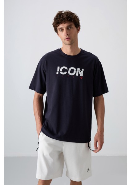 Lacivert Pamuklu Kalın Yumuşak Dokulu Oversize Fit Baskılı Erkek T-Shirt - 88331