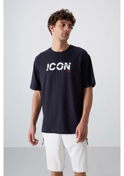 Lacivert Pamuklu Kalın Yumuşak Dokulu Oversize Fit Baskılı Erkek T-Shirt - 88331 modelleri