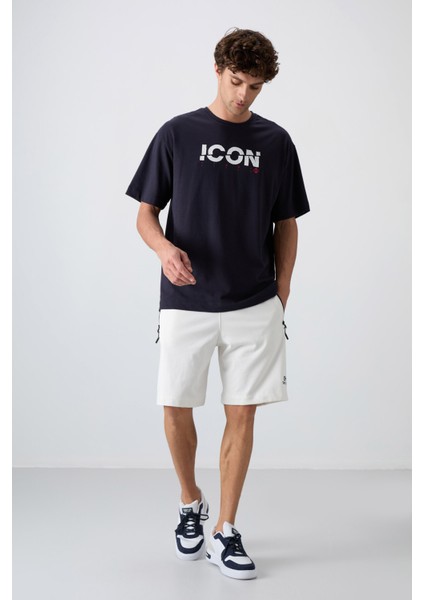 Lacivert Pamuklu Kalın Yumuşak Dokulu Oversize Fit Baskılı Erkek T-Shirt - 88331 fırsatları