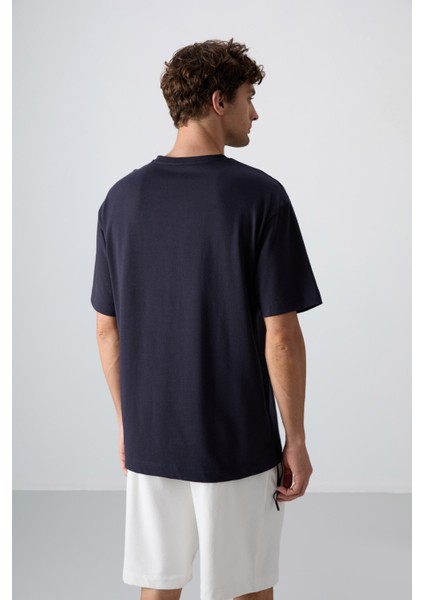 Lacivert Pamuklu Kalın Yumuşak Dokulu Oversize Fit Baskılı Erkek T-Shirt - 88331 indirimleri