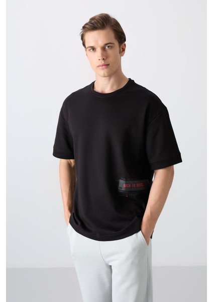 Tommy Life Siyah Pamuklu Kalın Yumuşak Dokulu Oversize Fit Baskılı Erkek T-Shirt - 88322