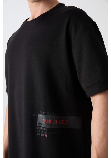 Tommy Life Siyah Pamuklu Kalın Yumuşak Dokulu Oversize Fit Baskılı Erkek T-Shirt - 88322 modelleri