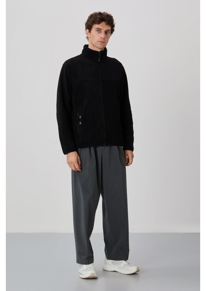 Siyah Yazı Nakışlı Dik Yaka Fermuarlı Standart Kalıp Erkek Sweatshirt Polar - 87992 indirimleri