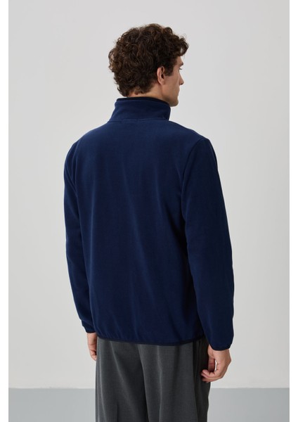 İndigo Yazı Nakışlı Dik Yaka Fermuarlı Standart Kalıp Erkek Sweatshirt Polar - 87992 indirimleri