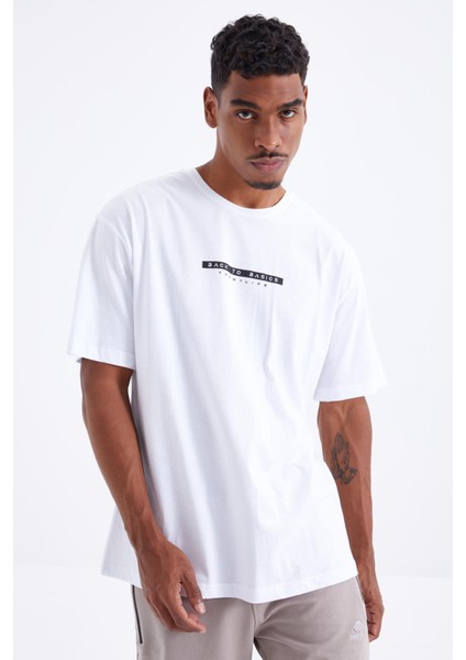 Beyaz Sırtı Yazı Baskılı O Yaka Erkek Oversize T-Shirt - 88100