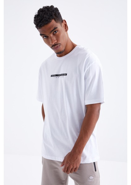 Beyaz Sırtı Yazı Baskılı O Yaka Erkek Oversize T-Shirt - 88100 modelleri