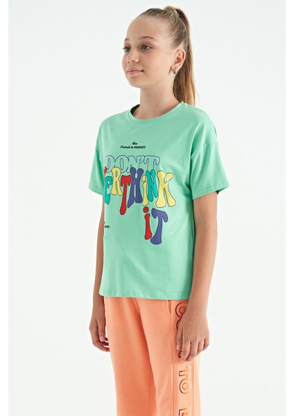 Su Yeşili Renki Yazı Baskılı O Yaka Oversize Kısa Kollu Kız Çocuk T-Shirt - 75112 fiyatları