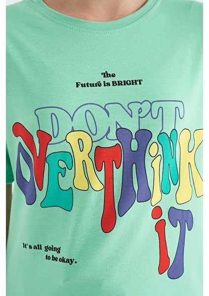 Su Yeşili Renki Yazı Baskılı O Yaka Oversize Kısa Kollu Kız Çocuk T-Shirt - 75112 indirimleri