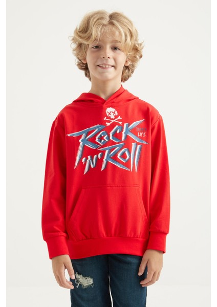 Kırmızı Yazı Baskılı Kanguru Cepli Kapüşonlu Standart Kalıp Erkek Çocuk Sweatshirt - 11002