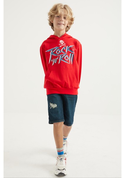 Kırmızı Yazı Baskılı Kanguru Cepli Kapüşonlu Standart Kalıp Erkek Çocuk Sweatshirt - 11002 fiyatları