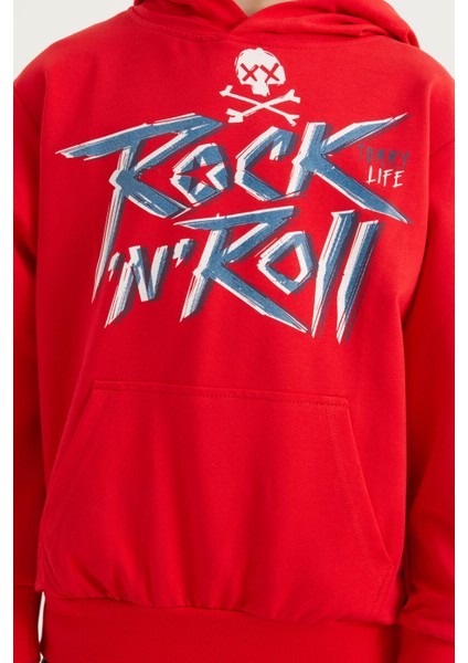 Kırmızı Yazı Baskılı Kanguru Cepli Kapüşonlu Standart Kalıp Erkek Çocuk Sweatshirt - 11002 modelleri