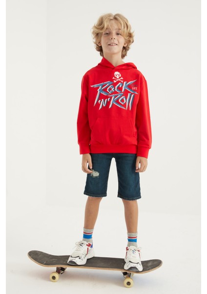 Kırmızı Yazı Baskılı Kanguru Cepli Kapüşonlu Standart Kalıp Erkek Çocuk Sweatshirt - 11002 indirimleri