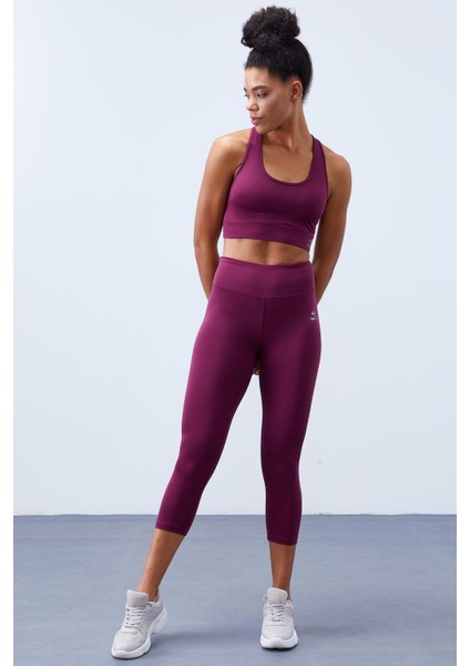 Bordo Yüksek Bel Toparlayıcı Çapraz Sırt Detaylı Slim Fit Kadın Tayt Takım - 95283