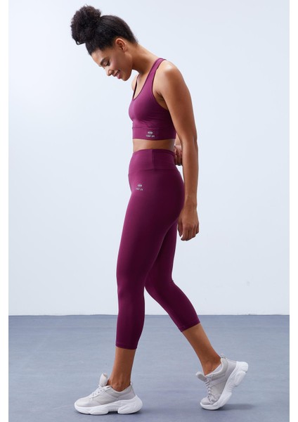 Bordo Yüksek Bel Toparlayıcı Çapraz Sırt Detaylı Slim Fit Kadın Tayt Takım - 95283 modelleri