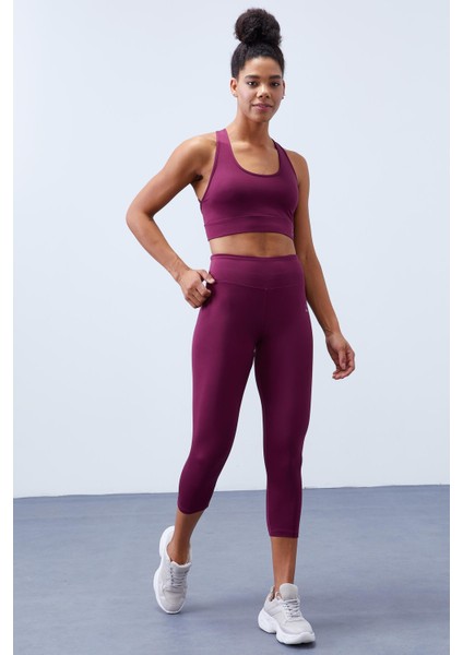 Bordo Yüksek Bel Toparlayıcı Çapraz Sırt Detaylı Slim Fit Kadın Tayt Takım - 95283 indirimleri