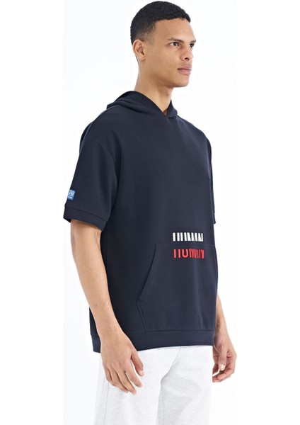 Lacivert Kanguru Cepli Yazı Nakışlı Kapüşonlu Erkek T-Shirt - 88195 modelleri