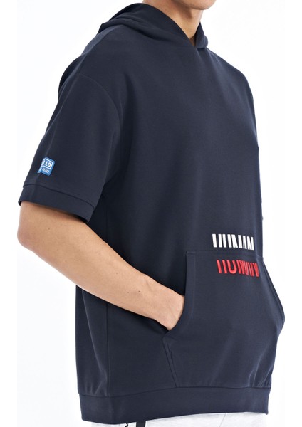 Lacivert Kanguru Cepli Yazı Nakışlı Kapüşonlu Erkek T-Shirt - 88195 fırsatları